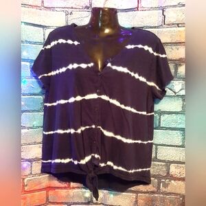 Style & Co. Blue and White Tie Dye Button-Down Tie Front Oversized Shirt Medium